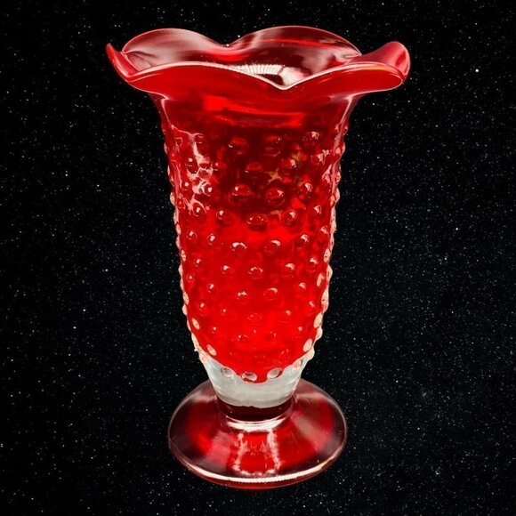 Vintage Set of 2 Art Glass Hand Blown Ruby Red Hobnail Bud Vases 6”T 3.75”W - Picture 8 of 11